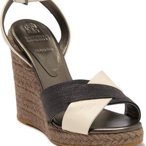 Brunello Cucinelli Leather Espadrille Wedge Sandal sz.37 NWT